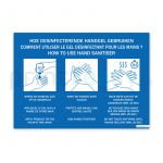 Zelfklevende poster met instructies Hoe handgel gebruiken 3 talen Nederlands-Frans-Duits